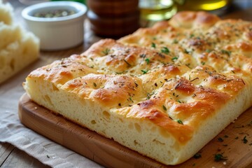 Sticker - Homemade italian focaccia with herbs served on rustic kitchen table