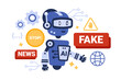 Stop fake news, AI technology control. Futuristic robot character and warning messages to stop creating fakes, influence of artificial intelligence on social media cartoon vector illustration