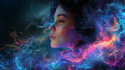 Wall Mural - Vivid sapphire hues on her hair and skin, amidst an abstract landscape reminiscent of a celestial dance-2