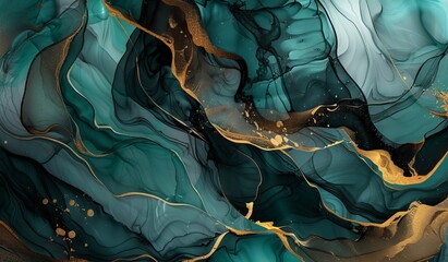 Abstract background with teal, gold and black fluid shapes in the style of alcohol ink