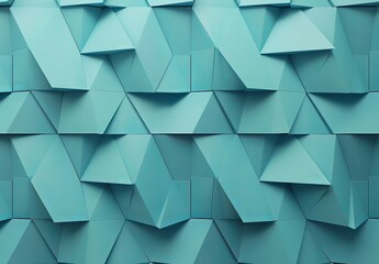 Canvas Print - A 3D rendering of paper-like triangles in a turquoise color forming a repetitive geometrical pattern