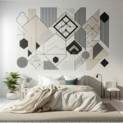 Wall Mural - Bedroom interior with a white blanket and a white rug in front of a wall with geometrical art photo photo attractive.