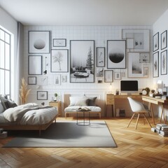 Wall Mural - Bedroom sets have template mockup poster empty white with a desk and Bedroom interior image art photo attractive has illustrative meaning.