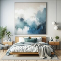 Wall Mural - Bedroom sets have template mockup poster empty white with a large painting above Bedroom interior art photo harmony lively.