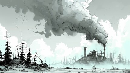 Canvas Print - A cartoon drawing of a factory with smoke coming out, AI