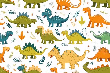  Seamless pattern with dinosaurs, wallpaper background. Design for clothing, bedding, underwear, pajamas, banner, textile, poster, card and scrapbook