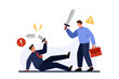 Business competition of office workers. Tiny strong businessman with briefcase breaking competitors sword, end of fight between two people with success and victory cartoon vector illustration