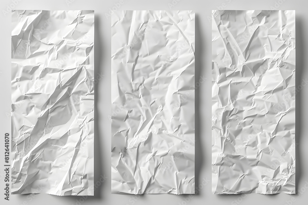 White paper poster mockup. Set of wet wrinkled and creased paper sheets ...