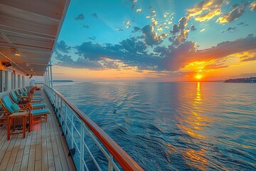 The deck of the cruise ship, with lounge chairs and a metal handrail on one side, overlooking the vast sea at sunset. 