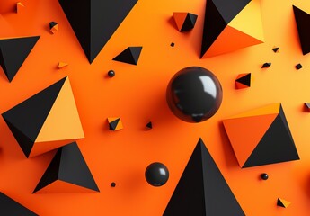 Canvas Print - A vivid orange background with scattered black geometric shapes creates a dynamic and abstract design with a central glossy sphere