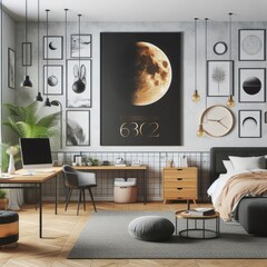 Wall Mural - Bedroom sets have template mockup poster empty white with Bedroom interior and desk and pictures on the wall art realistic photo harmony used for printing.