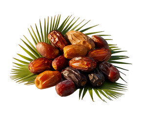 Date fruits with palm leaves and date fruit in wooden bowl isolated on a transparent background Ai generative.