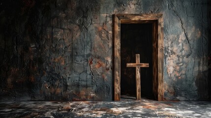 Wall Mural - A cross is placed on the empty tomb with an open door