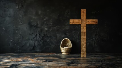 Wall Mural - A cross is placed on the empty tomb with an open door