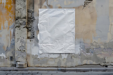 White wrinkled poster template in city. Blank wheatpaste on textured wall. Empty street art sticker mock up. Generative Ai.