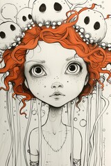 Wall Mural - A drawing of a girl with red hair and skulls on her head, AI