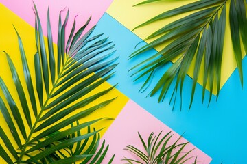 Wall Mural - Colorful palm leaves are contrasted against a multicolored geometric background with a summer vibe