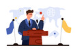 Public speech by diplomat or politician at conference, meeting of international leaders. Tiny confident speaker speaking at podium with microphone near flags and world map cartoon vector illustration