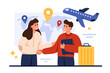 Employment contract with foreign company, consultancy in hiring migrants, brain drain. Handshake of tiny man with suitcase and woman near world map with relocation pins cartoon vector illustration