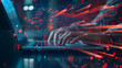 © retrostudio - Fast internet connection with Metaverse technology concept, Programmer people working laptop with Virtual screen of Internet speed measurement
