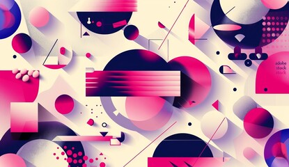 Wall Mural - An intricate composition of geometric and abstract elements in pink and blue tones with a modern art style