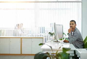 Aufkleber - Business, portrait and man with a computer in office for online planning, proposal or connection. Lens flare, employee or graphic designer at desk with confidence, job growth or project development