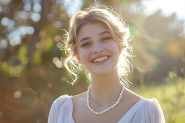 Wall Mural - A woman in a white dress smiles at the camera. Suitable for various projects