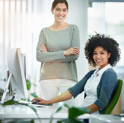 Leinwandbilder - Collaboration, computer and portrait of designer business women in creative workplace for project management. Coaching, development or training with confident employee people in office together