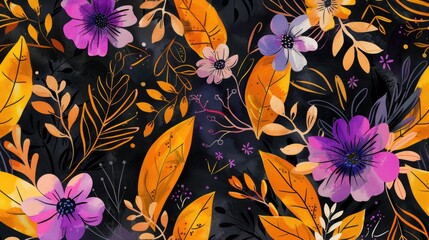 Sticker - Colorful fantasy floral pattern with watercolor hand drawn elements on a yellow black and purple background