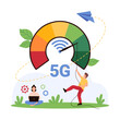 5G network connection boost, high speed internet, wifi service. Tiny people pull arrow of circle speedometer to limit on scale to increase bandwidth from slow to fast cartoon vector illustration