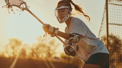 White woman  practicing lacrosse sport, person is focused and enjoying the sport, sports photography, generative ai