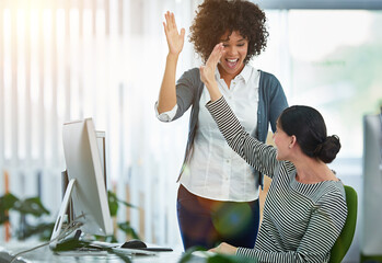 Poster - High five, teamwork and business women in office with success for creative project together. Happy, collaboration and female interior designers with celebration gesture for winning in workplace.
