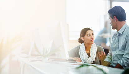 Wall Mural - Collaboration, explain or planning with employee and mentor in office together for discussion. Coaching, computer and training with manager talking to business person in workplace for learning