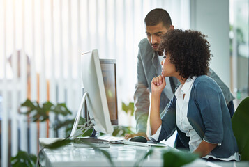 Poster - Business people, review and man with woman, computer and advice with internet, help or planning for article. Progress, employees and journalist with pc, solution and coaching with mentor and editing