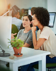 Leinwandbilder - Business women, team work and computer with ideas, thinking and planning for project startup in workspace. Graphic designer, mentor or worker reading proposal or brief for website on office desktop