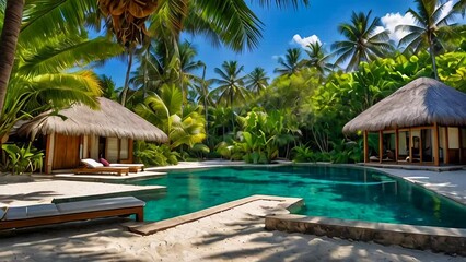 Wall Mural - Resort Pool and bungalow in hotel tropical resort.