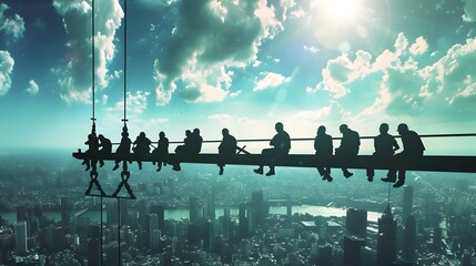 Wall Mural - Silhouette Construction Workers on Suspension Bridge Overlooking Dramatic Cityscape