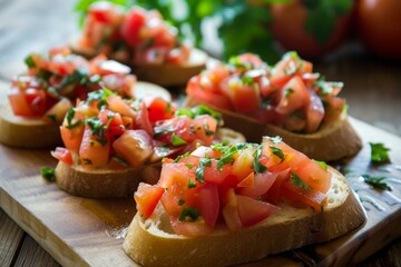 Sticker - Appetizing tomato bruschetta garnished with herbs presented on rustic wood