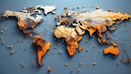 The abstract digital world map illustrates the smooth flow of information and communication over geographic borders and cultural differences, symbolizing the idea of a global network and connectivity.