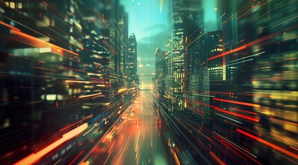 Wall Mural - futuristic cityscape with sleek tech, light streaks, and speed effect.