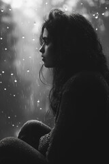 Wall Mural - A woman is sitting in a window, looking out at the rain. Concept of sadness and loneliness, as the woman is lost in thought. The rain outside adds to the melancholic atmosphere