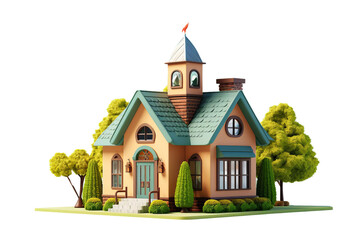 A cartoon house with a green roof and a red flag on top. The house is surrounded by trees and has a green bush in front of it