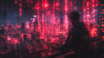 A man is sitting in front of a computer screen with a city view in the background. The city is lit up in red and the man is focused on his work. Scene is intense and focused