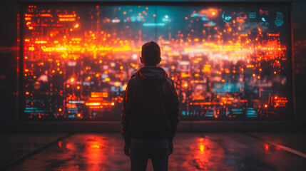 Wall Mural - A man stands in front of a large screen that is lit up with bright colors. Concept of awe and wonder as the man gazes at the screen, which seems to be displaying a futuristic cityscape