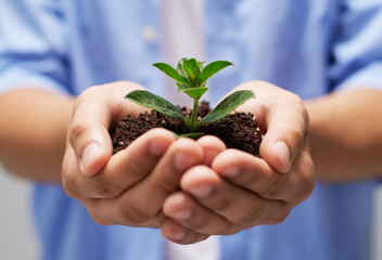 Wall Mural - Holding plant, hands and soil with person for growth, development and sustainability in agriculture. Fertilizer, dirt and environment with sapling for hope, future and earth day or climate change