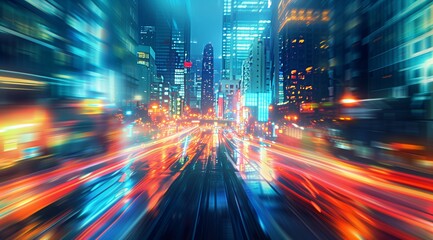 Wall Mural - modern cityscape background with bright streaks, ideal for business and tech themes.