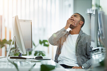 Aufkleber - Burnout, computer and yawn with designer man in office for creative project deadline or development. Fatigue, overworked and tired with design employee in workplace for late shift or overtime
