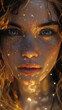 Portrait of a woman with luminescent freckles and sparkling eyes.