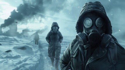 Woman survivors in gas masks traverse a desolate snowy landscape