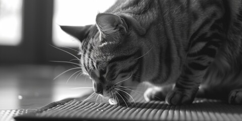 Wall Mural - A black and white photo of a cat on a mat. Suitable for pet lovers and animal enthusiasts